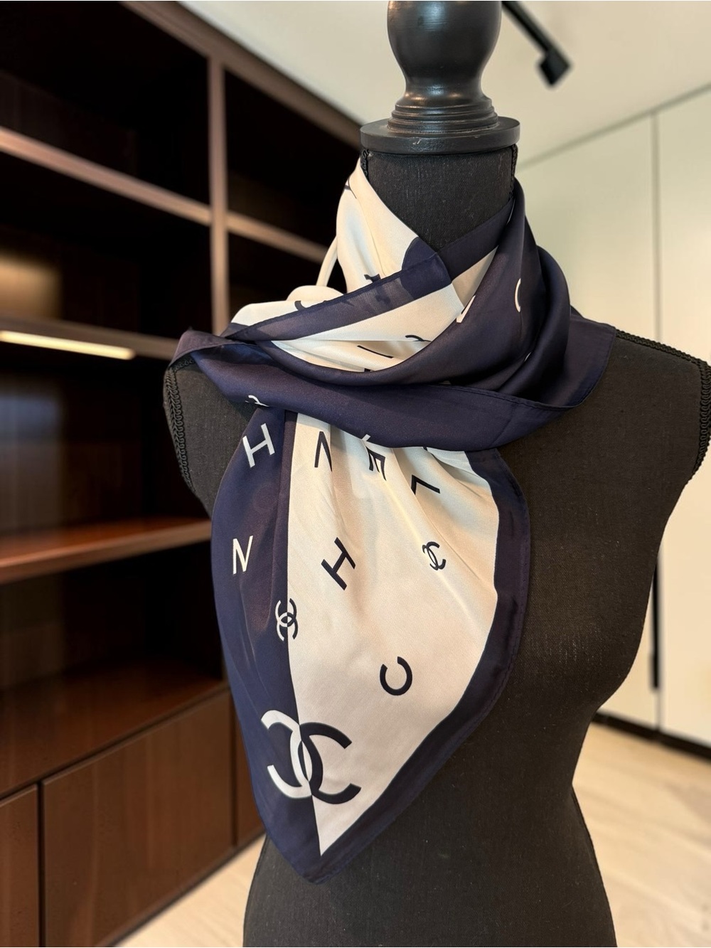 Source Unknown Navy and Cream Logo Print Silk Scarf
